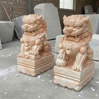 Cặp tượng kỳ lân đá vân gỗ nguyên khối tự nhiên cao 60cm T3806