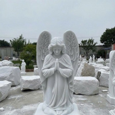 Tượng thiên thần quỳ gối bằng đá trắng nguyên khối cao 1.3m T3821