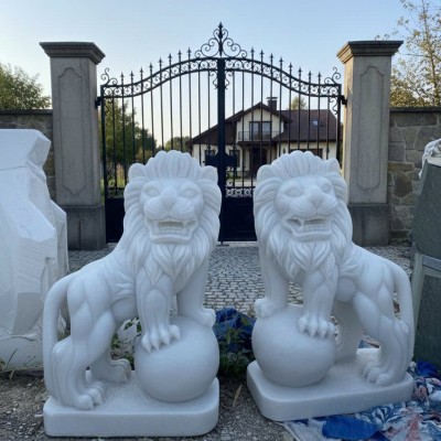 Cặp sư tử điêu khắc đá trắng thiên nhiên cao 1m2 T3751.