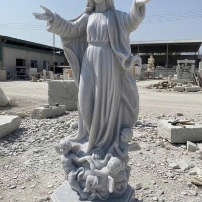 Tượng Đức Mẹ và thiên thần đang ban phúc lành bằng đá trắng nguyên khối, cao 2m T3835