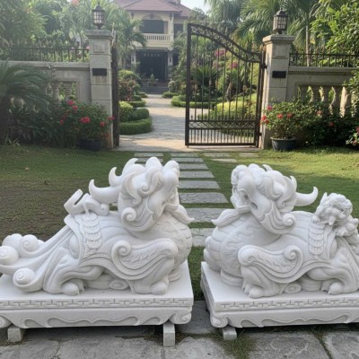 Cặp tỳ hưu đá trắng nguyên khối cao 80cm dài 1m T3768