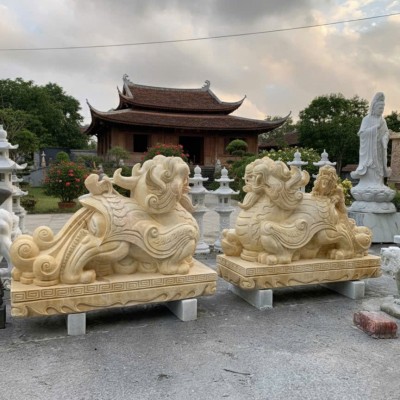 Cặp tỳ hưu đá cà rốt nguyên khối cao 1.1m-dài 1.5m T3766