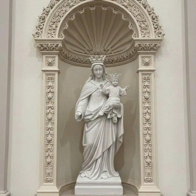 Tượng Đức Mẹ Maria bồng Chúa Giêsu hài đồng bằng đá trắng nguyên khối, cao 2m T3833