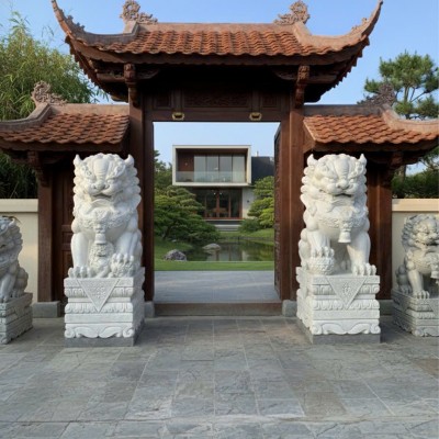 Cặp kỳ lân đá trắng nguyên khối tự nhiên cao 1m5 T3777