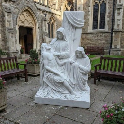 Tượng điêu khắc Đức Mẹ sầu bi, ôm thân xác Chúa Giêsu xuống khỏi thập giá bằng đá trắng, cao 2.5m T3826