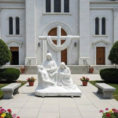 Tượng Đức Mẹ sầu bi bên thánh giá điêu khắc bằng đá trắng, cao 2.5m T3827