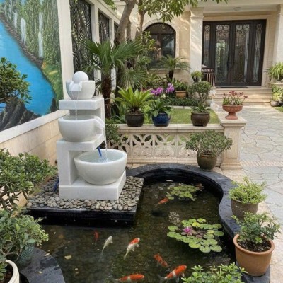 Thác nước phong thủy đá trắng cao 86cm T3840