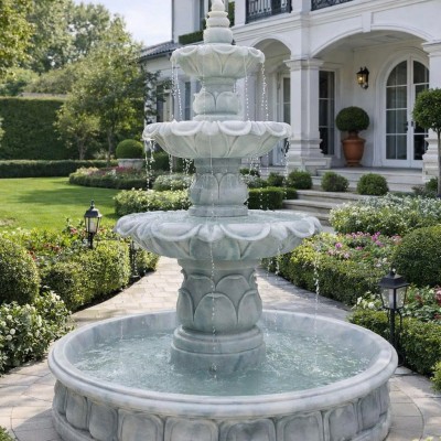 Thủy luân nước điêu khắc cánh hoa bằng đá trắng nguyên khối gồm 4 tầng cao 2m T3850