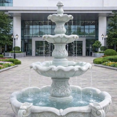 Thủy luân nước 4 tầng bằng đá trắng nguyên khối cao 1.6m T3851