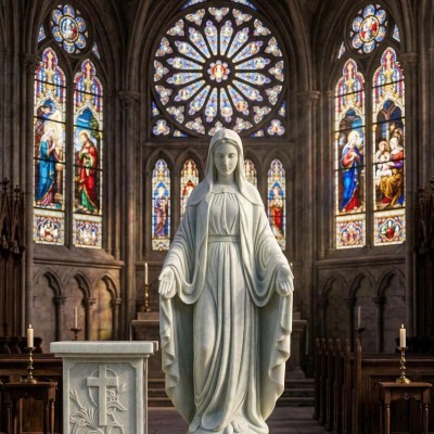 Tượng Đức Mẹ Maria bằng đá trắng cao 1.7m kèm bệ đá trắng cao 70cm T3854