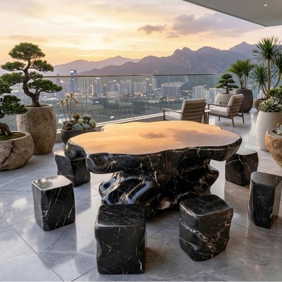 Bộ bàn ghế đá cẩm vân gồm 1 bàn và 6 ghế đôn với kích thước 1.56m T3842