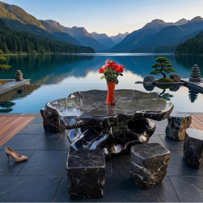 Bộ bàn ghế đá cẩm vân nguyên khối gồm 1 bàn và 6 đôn ghế T3843