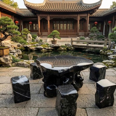 Bộ bàn ghế sân vườn đá cẩm vân kích thước cao 1m05 và gồm 6 ghế đôn T3845