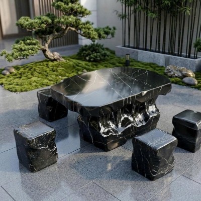 Bàn Ghế Đá Cẩm Vân Tự Nhiên Nguyên Khối Cao Cấp Kích Thước 1m20 – Bàn Đá Vân Đen Nghệ Thuật Cho Sân Vườn T3847