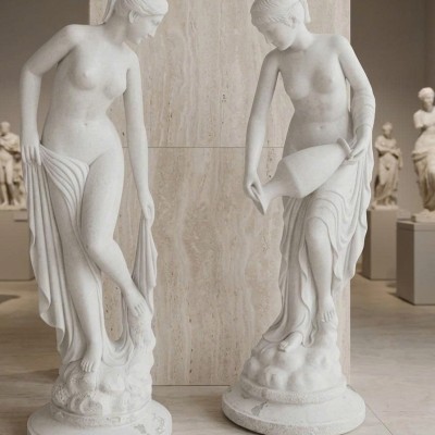 Cặp tượng nghệ thuật thiếu nữ đá trắng tự nhiên nguyên khối, cao 2.2m T3903