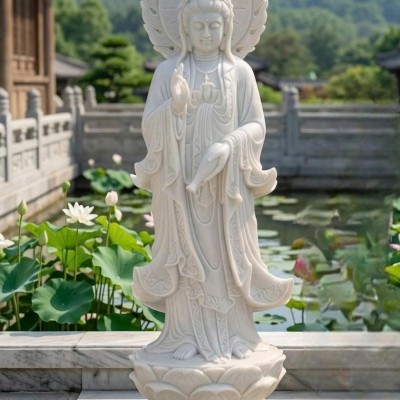 Tượng quan âm đá trắng nguyên khối cao 1m55 T3909