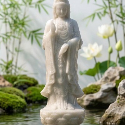 Tượng quan âm đá trắng nguyên khối cao 50cm T3911