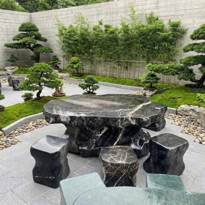 Bộ bàn ghế đá cẩm vân tự nhiên gồm 1 bàn và 6 đôn, kích thước 1.46m x 1.05m x 65cm T3864