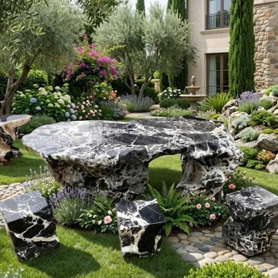 Bộ bàn ghế đá cẩm vân tự nhiên gồm 1 bàn và 6 đôn, kích thước 1.76x80x65  T3868