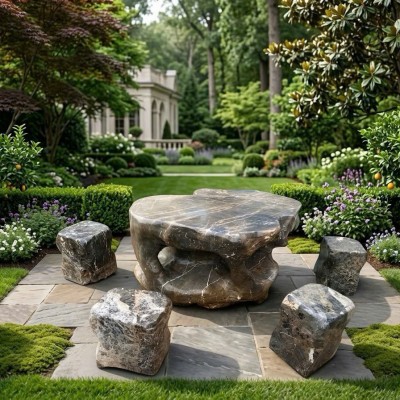 Bộ bàn ghế đá cẩm vân tự nhiên gồm 1 bàn và 4 đôn, kích thước 67cm x 65cm T3870