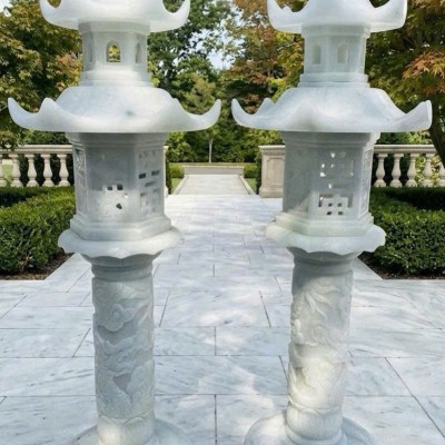 Cặp chân đèn sân vườn đá trắng nguyên khối cao 160cm T3882