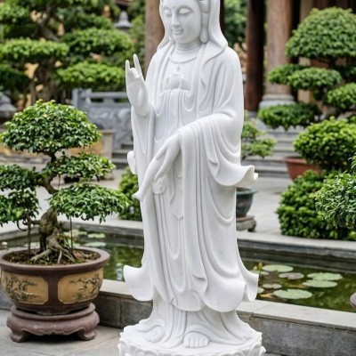 Tượng Phật Bà Quan Âm bằng đá trắng tự nhiên nguyên khối Cao 145cm x 50cm x 50cm T3956