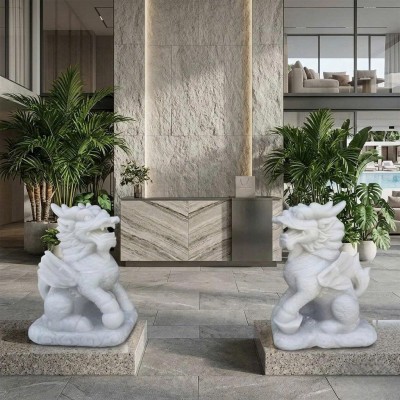 Cặp tượng Tỳ Hưu đá phong thủy bằng đá trắng tự nhiên nguyên khối, cao 80cm T3960