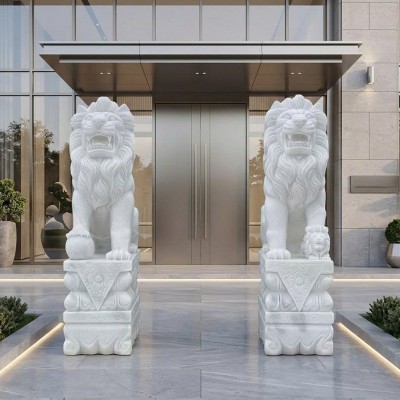 Cặp tượng Sư Tử đá hộ vệ đại sảnh bằng đá trắng tự nhiên nguyên khối, cao 125cm T3965