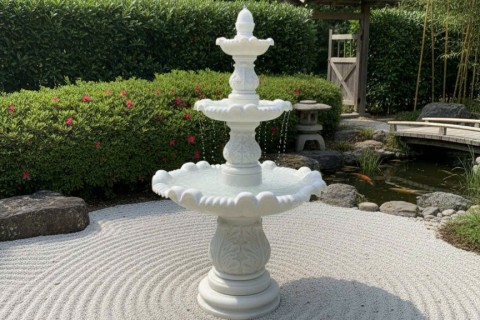 Đài phun nước đá trắng tự nhiên - Trang trí sân vườn biệt thự cao cấp