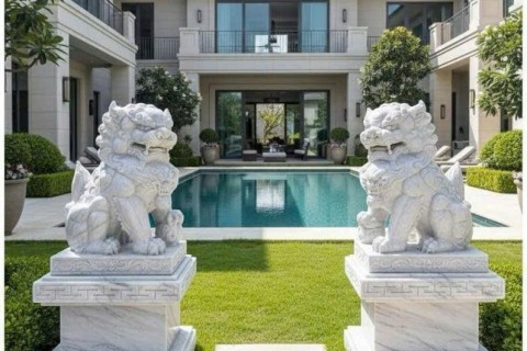 Cặp Kỳ Lân Đá Trắng Cao Cấp Với Đường Nét Điêu Khắc Sắc Nét