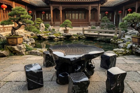 Ý nghĩa phong thủy của bàn ghế đá cẩm vân: Trấn trạch, chiêu tài cực tốt