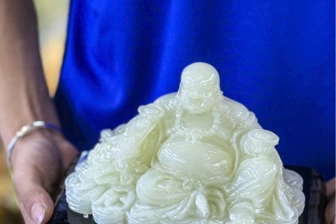 Tượng Di Lặc Ngồi Đài Sen Đá Onyx Trắng Tự Nhiên Chế Tác Thủ Công 