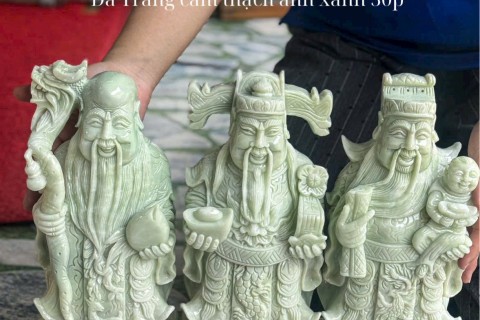 Tượng Phúc – Lộc – Thọ Đá Trắng Cẩm Thạch Anh Xanh 30cm