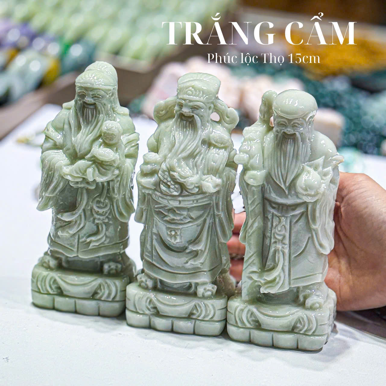 Tượng điêu khắc tam đa với đá trắng tự nhiên cao 15cm - Qùa tặng tri ân khách hàng & Đối tác cao cấp 