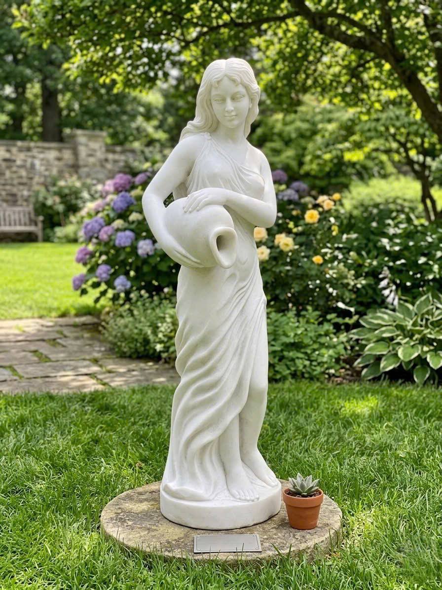 Tượng nghệ thuật thiếu nữ bên bình nước bằng đá trắng tự nhiên nguyên khối, cao 1.5m T3902