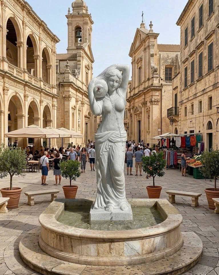 Tượng nghệ thuật thiếu nữ đổ nước bằng đá trắng tự nhiên nguyên khối, cao 1.2m T3901