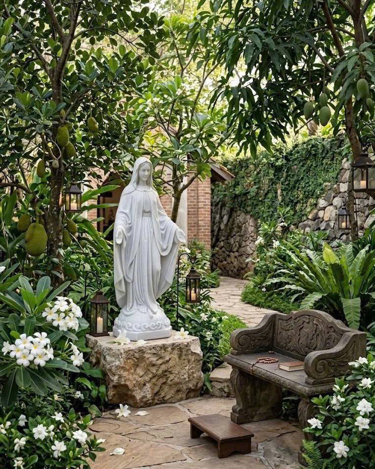 Tượng Đức Mẹ bằng đá trắng tự nhiên nguyên khối, cao 1.2m T3904