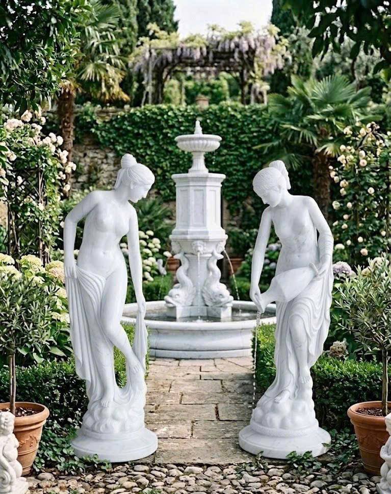 Cặp tượng nghệ thuật thiếu nữ đá trắng tự nhiên nguyên khối, cao 2.2m T3903