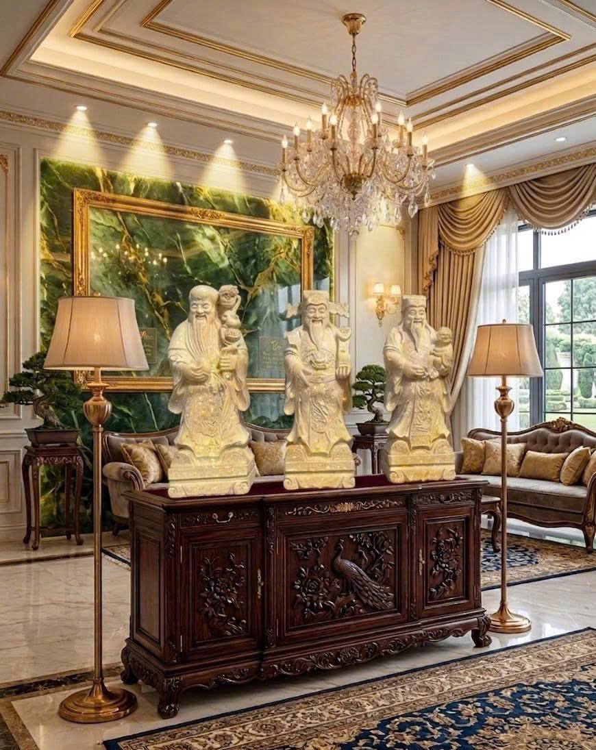 Bộ tượng Phúc Lộc Thọ bằng đá Cà rốt tự nhiên nguyên khối, cao 1.8m T3905