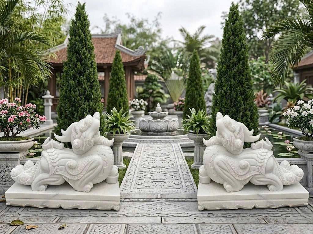 Cặp tỳ hưu đá trắng nguyên khối dài 1m25 T3924