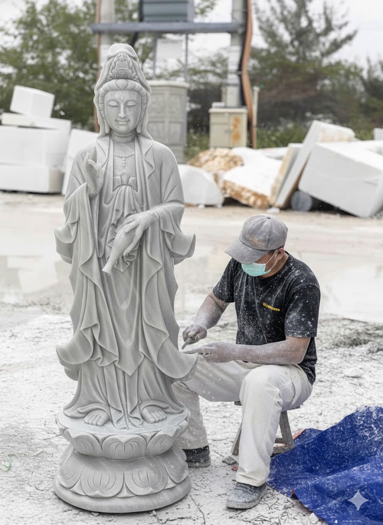 Tượng điêu khắc đá trắng mẹ quan âm bồ tát đứng trên đài sen cao 1.5m T3700