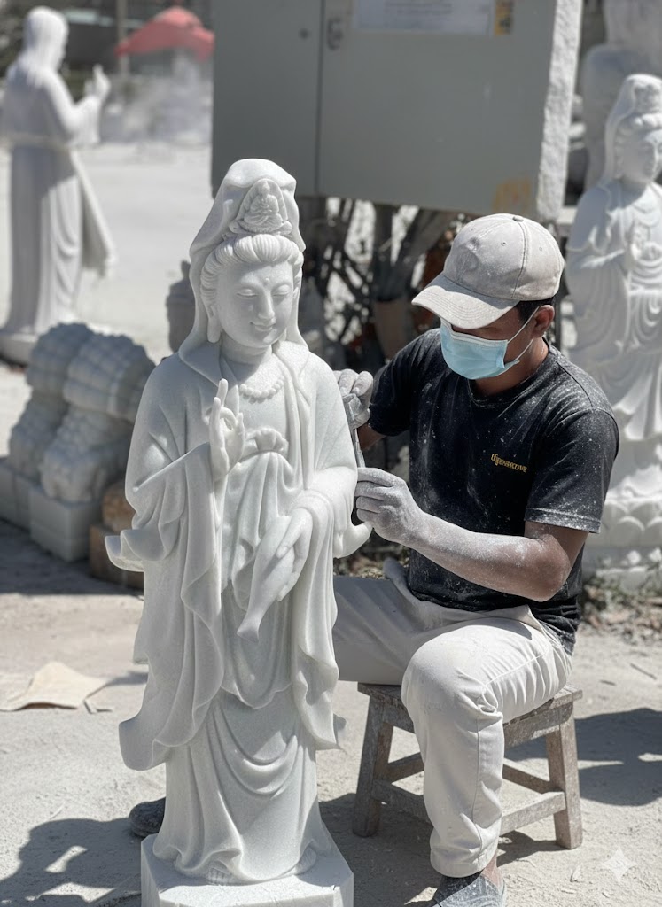 Tượng phật quan âm đá trắng nguyên khối cao 1.25m T3681