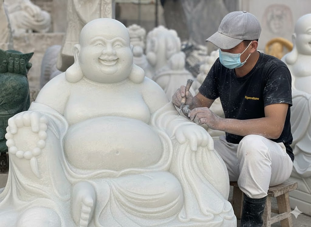 Tượng di lặc đá trắng nguyên khối cao 90cm ngang 80cm T3632