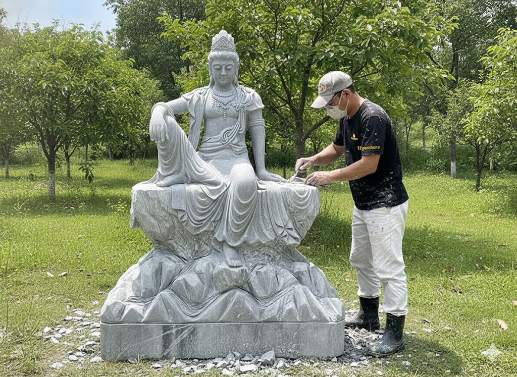 Tượng điêu khắc đá trắng nguyên khối quan âm toạ sơn cao 2m T3701