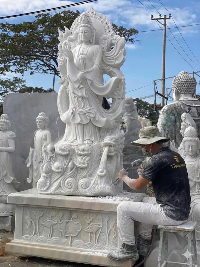 Phật quan âm đứng trên đài rồng và mây cao đá trắng nguyên khối 2m5 T3668