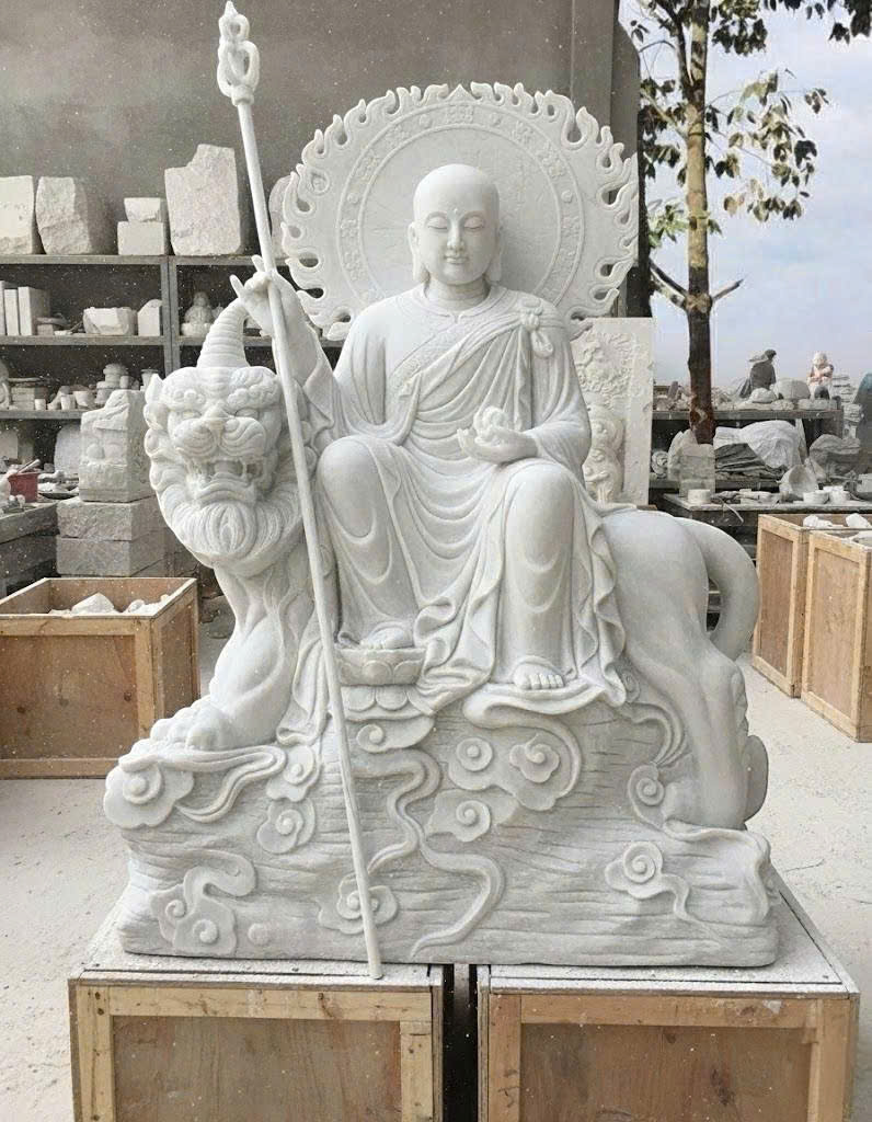 Tượng Địa Tạng Vương Bồ Tát cưỡi Đề Thính tượng đá trắng nguyên khối cao 2m T3754