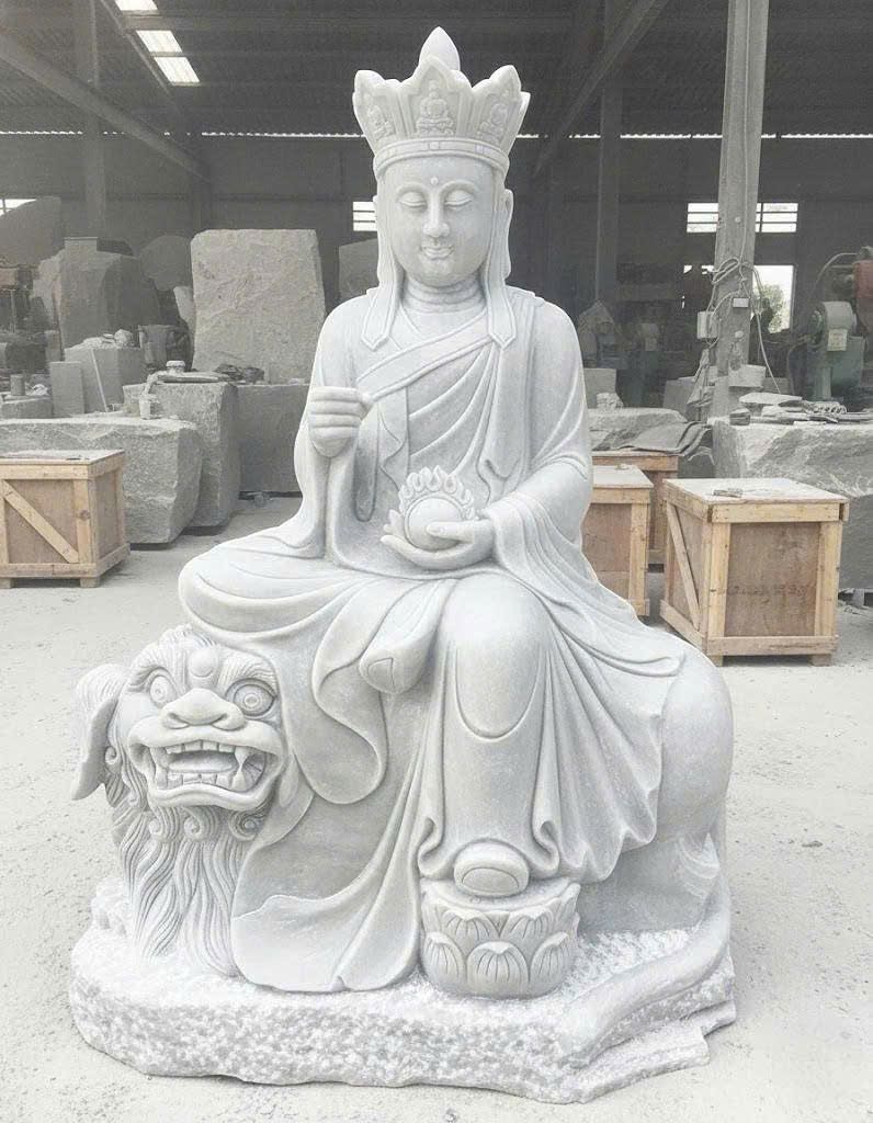 TƯỢNG ĐỊA TẠNG VƯƠNG BỒ TÁT NGỒI TRÊN ĐỀ THÍNH ĐÁ TRẮNG NGUYÊN KHỐI CAO 1.2M T3755