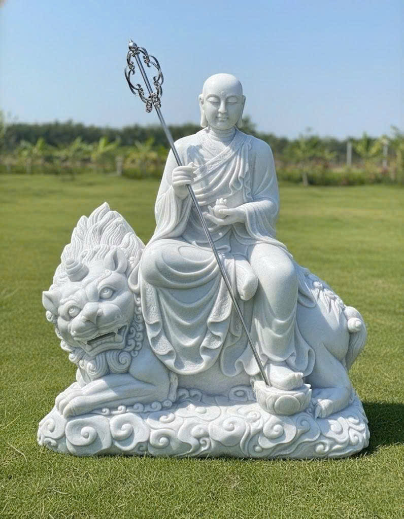 Tượng Địa Tạng Vương Bồ Tát cưỡi Đề Thính Đá Trắng Nguyên Khối Cao 1.8M T3756