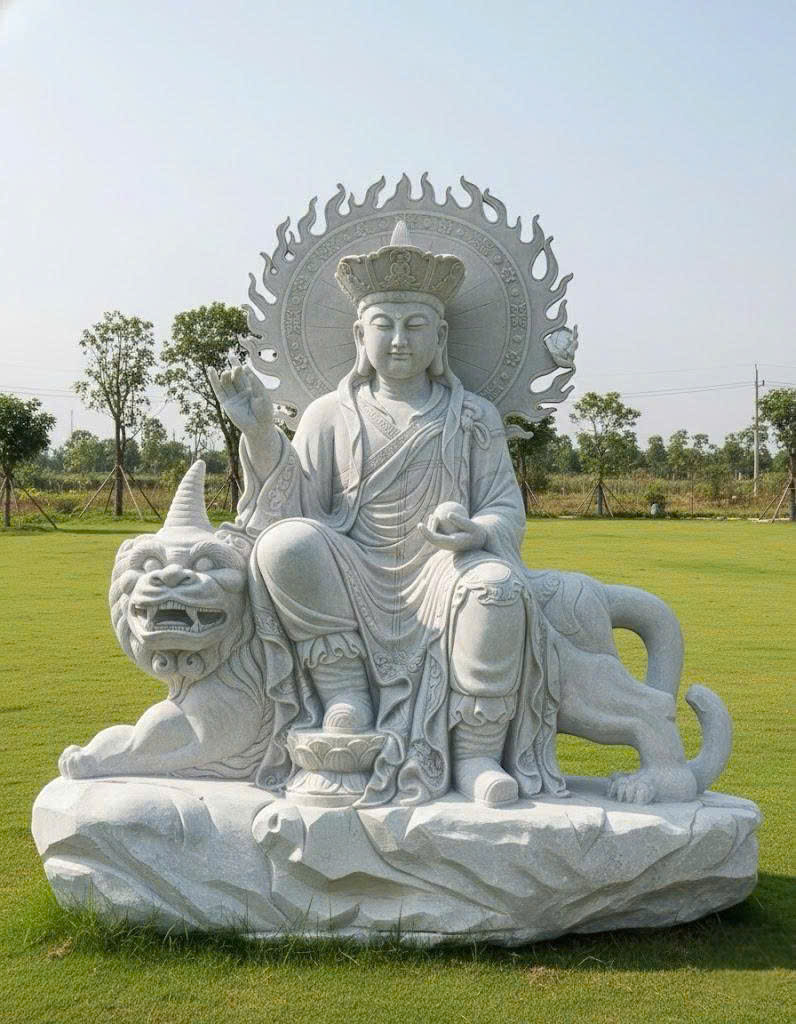 Tượng Địa Tạng Vương Bồ Tát cưỡi Đề Thính Tượng Đá Trắng Nguyên Khối Cao 1.7m T3757