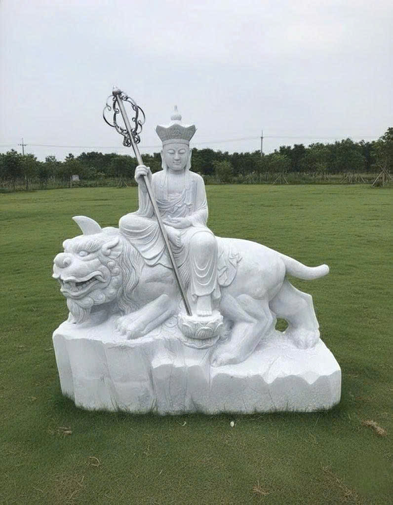 Tượng Địa Tạng Vương Bồ Tát cưỡi Đề Thính Đá Trắng Nguyên Khối Cao 1.7m T3759